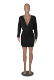 Black Casual Solid Fold V Neck Waist Skirt Dresses