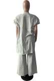 Grey Casual Solid Cardigan Pants Short Sleeve Two Pieces
