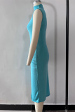 Blue Elegant Solid High Opening Fold Turtleneck Wrapped Skirt Dresses