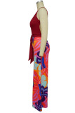 Red Sexy Print Patchwork Spaghetti Strap Straight Jumpsuits