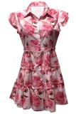 Pink Casual Print Patchwork Turndown Collar Shirt Dress Dresses