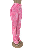 Pantaloni a vita media dritti con tasca con stampa street rosa