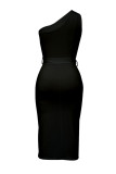 Vestido irregular de cuello oblicuo asimétrico de retazos de vendaje sólido sexy negro Vestidos
