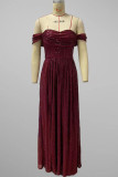 Burgund Elegant Solid Pailletten Patchwork Slit Fold Trägerloses Abendkleid Kleider
