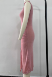 ピンクのエレガントなソリッド高開口部折りタートルネックラップスカートドレス