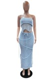 Lake Blue Sexy Solid Bandage Backless Slit Strapless Mouwloos Two Pieces