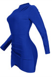 Цвет Синий Мода Сексуальная Твердая Складка Половина Водолазки Платья С Длинным Рукавом
