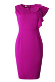 Purple Casual Elegant Solid Flounce Zipper O Neck Wrapped Skirt Dresses