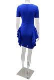 Blue Casual Solid Patchwork O Neck Short Sleeve Dress (Without Belt)
