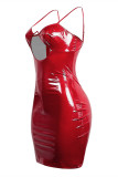 Rode mode sexy effen uitgeholde backless spaghetti band mouwloze jurk
