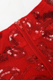 Röd sexig solid tofs urholkade paljetter Patchwork Asymmetrisk aftonklänning