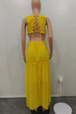 Yellow Sexy Solid Bandage Hollowed Out Patchwork Backless Stringy Selvedge V Neck Dresses