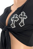 Camisetas con cuello en V de patchwork de vendaje bordado sólido de calle sexy negro