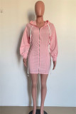 Pink Casual Solid Patchwork Hooded Collar Long Sleeve Dresses