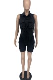 Black Casual Solid Patchwork Turndown Collar Sleeveless Two Pieces