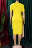 ローズレッドカジュアルソリッド包帯パッチワークフォールド非対称襟ワンステップスカートドレス