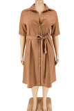 Dark Apricot Casual Solid Patchwork Buckle Turndown Collar Straight Plus Size Dresses