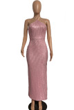 ピンクのセクシーなソリッドスパンコールパッチワークスリットホルターイブニングドレスドレス
