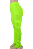 Fluorescent green Drawstring High Solid Pocket Draped Boot Cut Pants Bottoms