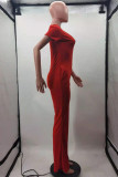 Red Fashion Casual Solid Basic V Neck Skinny Jumpsuits