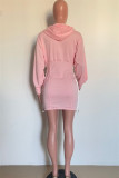 Pink Casual Solid Patchwork Hooded Collar Long Sleeve Dresses