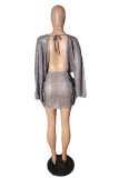 Grey Fashion Sexy Patchwork Sequins V Neck Long Sleeve Dresses