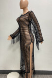 Black Sexy Solid Tassel Hollowed Out Patchwork Slit Swimwears Cover Up