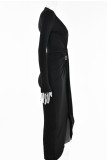 Vestidos de falda de un solo paso con escote en V asimétrico con abertura en el retazo sólido sexy negro