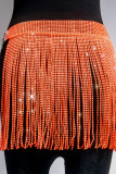Tangerine Red Sexy Solid Patchwork Sequined Hot Drill High Waist Straight Solid Color Bottoms