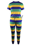 Purple Casual Striped Print Patchwork O Neck Short Sleeve Two Pieces T-shirts Tops And Pants Sets Jogger Sets