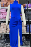 Robes de jupe enveloppée à col roulé à col roulé élégantes solides à ouverture haute bleue