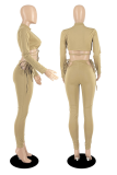 Khaki Sexy Solid Draw String Half A Turtleneck Long Sleeve Two Pieces