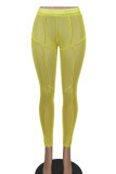 Желтые сексуальные однотонные прозрачные узкие однотонные брюки-карандаш с высокой талией