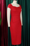 Vestidos de falda de un paso con cuello cuadrado de patchwork sólido elegante rojo