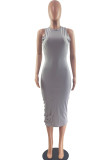 Grey Sexy Solid Ripped Patchwork O Neck One Step Skirt Dresses