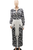 Black Casual Elegant Print Patchwork Buckle Fold Turndown Collar Long Sleeve Two Pieces