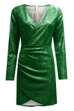 Green Sexy Solid Patchwork Asymmetrical V Neck One Step Skirt Dresses
