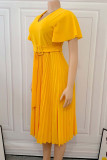 Vestidos amarelos elegantes de retalhos sólidos com decote em V plissado plus size