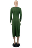 Green Sexy Casual Solid Hollowed Out Asymmetrical O Neck Long Sleeve Dresses