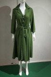 Армейский зеленый Повседневное однотонное платье-рубашка с отложным воротником и пуговицами в стиле пэчворк Платья Платья