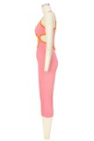 Vestido longo rosa sexy liso vazado sem costas com alça espaguete