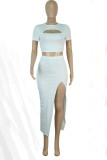 White Sexy Solid Hollowed Out Patchwork Slit O Neck Short Sleeve Two Pieces