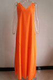 Oranje casual effen patchwork V-hals lange jurkjurken