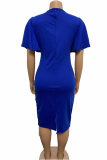 Blaue beiläufige feste Patchwork-O-Ausschnitt-gerade Kleider
