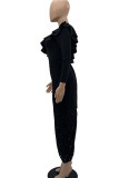 Black Sexy Solid Patchwork Flounce Oblique Collar Evening Dress Dresses