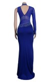 Blue Sexy Formal Patchwork Hot Drilling See-through Turtleneck Evening Dress Dresses