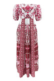 Красное длинное платье с открытыми плечами в стиле пэчворк в стиле кэжуал (без пояса)