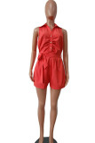 Orange Casual Solid Patchwork Without Belt Turndown Collar Regular Rompers (Without Belt)