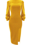 Yellow Elegant Solid Hollowed Out Patchwork Slit O Neck Wrapped Skirt Dresses