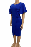 Blue Casual Solid Patchwork O Neck Straight Dresses